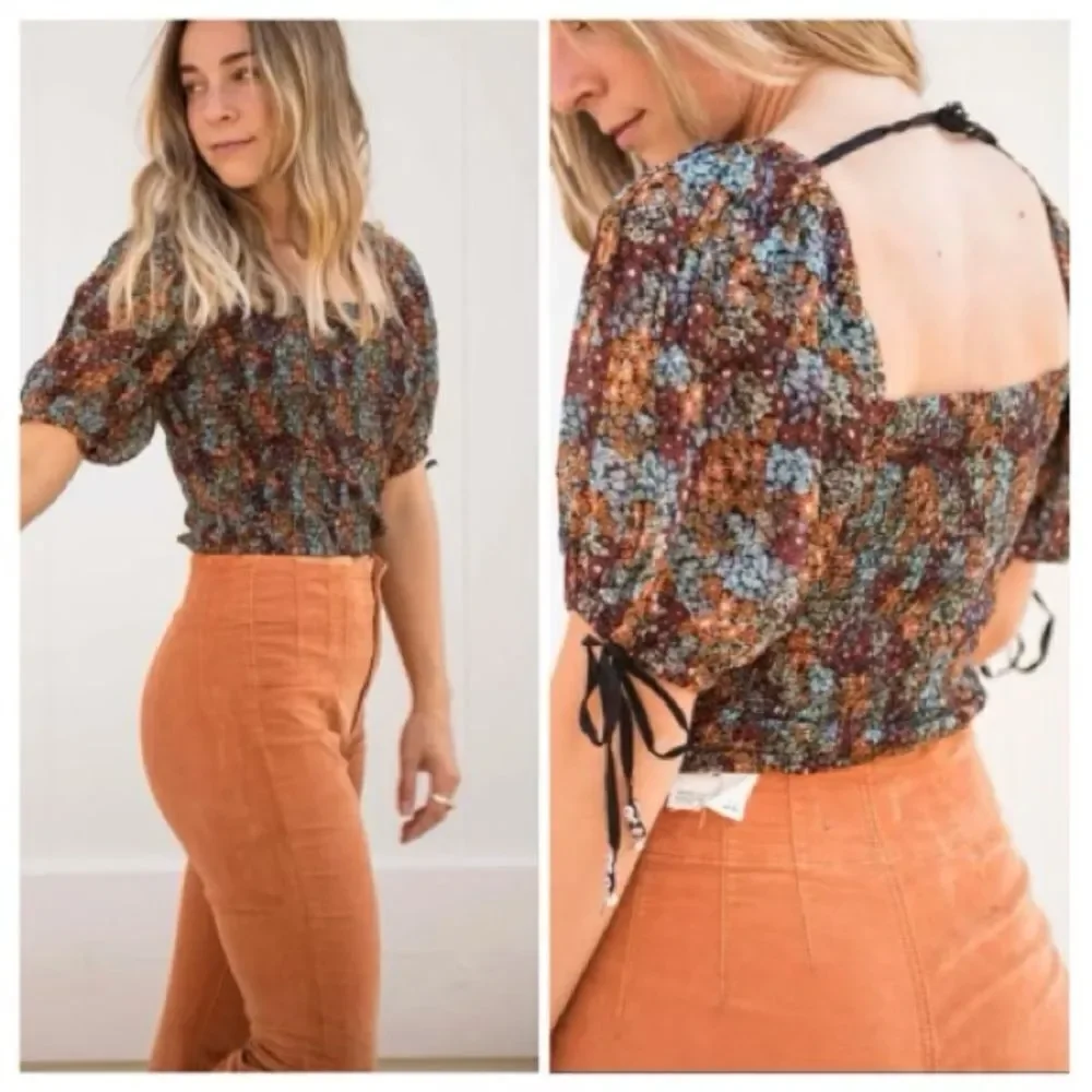 NWT Free People Back on Top Floral Square Neck Puff Sleeve Earthy Cropped S